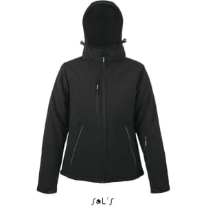 A women's softshell jacket in black, featuring a hood, multiple zippered pockets, and a branded logo.