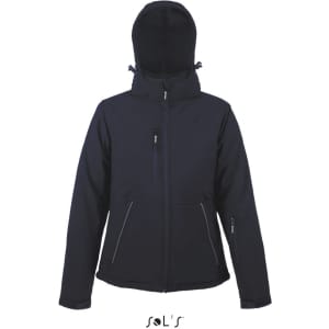 A women's softshell jacket in navy blue, featuring a hood and several pockets. The design includes a logo.