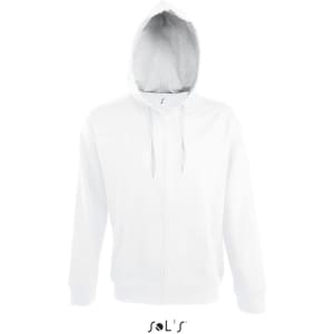 A white hoodie made of 50% cotton and 50% polyester, featuring brushed fleece lining and a hidden zip.