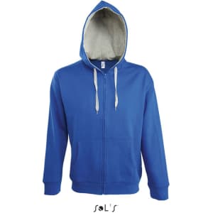 A blue men's hoodie made of 50% cotton and 50% polyester, featuring a brushed fleece lining and hidden zip.