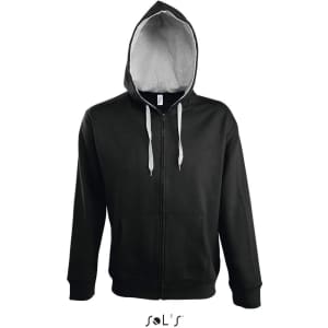 A black hoodie with a grey lining and hidden zip, made from 50% cotton and 50% polyester, featuring a logo.