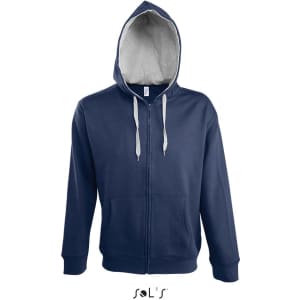A navy blue men's hoodie made of 50% cotton and 50% polyester, featuring a brushed fleece lining and hidden zip.
