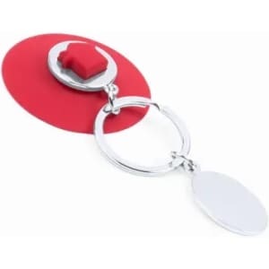 A red keychain featuring a circular design and a small square attachment, with a metallic ring and a blank tag.