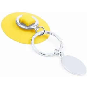 A keyring with a yellow circular attachment and a silver keyring, featuring a plain silver tag.