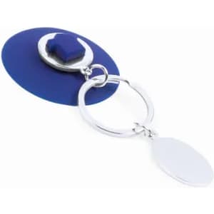 A blue keychain featuring a circular design with a silver ring and an attached flat disc. It has a simple logo.