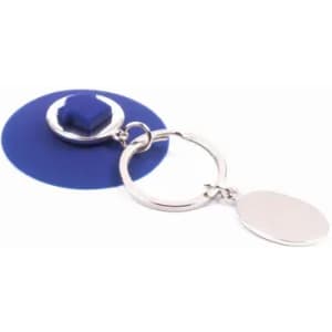 A blue keyring with a round base and a metallic keychain attachment. The base features a raised star shape.