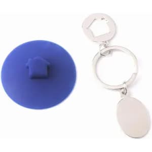 A blue silicone bottle stopper with a house-shaped feature, paired with a silver keyring.