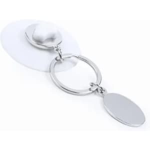 A keychain with a round ring and an oval attachment, featuring a sleek silver finish. The design includes a snap button.