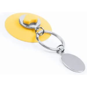 A yellow keyring with a circular attachment and a shiny silver keychain. It features a bottle opener design.