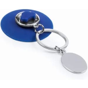 A blue drink bottle lid with a silver keyring attachment and a circular cap. It features a logo.