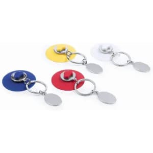 A set of keychains in yellow, blue, red, and white with circular attachments and metal rings.