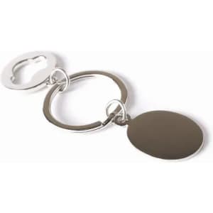 A silver keyring with a circular pendant, featuring a smooth, blank surface for custom engraving.