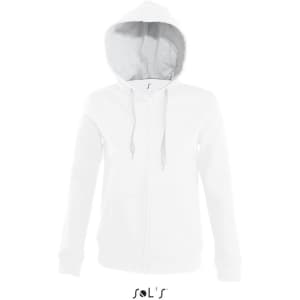 A white women's hoodie with a zip, featuring brushed fleece lining and a hood. It has a logo on it.