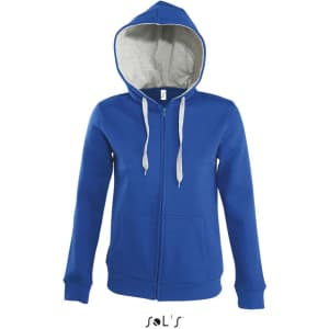 A blue hoodie with a grey brushed fleece lining, featuring a hidden zip and a logo.