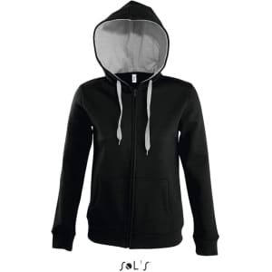 A women's hoodie in black with a grey-lined hood, featuring a zip closure and pockets. It has a logo on the front.
