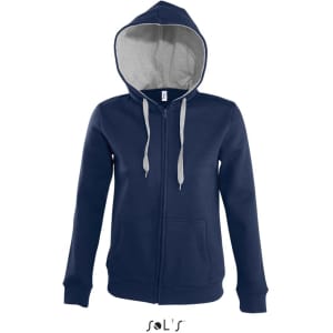 A navy hoodie with a grey lined hood, featuring a zipper and pockets. It has a logo.