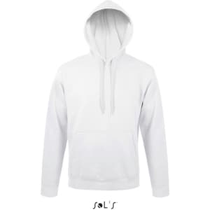 A white unisex hoodie made of 50% ringspun cotton and 50% polyester, featuring a fleece lining and a front pocket.