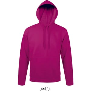 A unisex hoodie in vibrant pink with a fleece lining and a front pocket, featuring a logo.