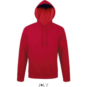 A unisex red hoodie with a fleece lining and a hood. Features a brand logo on the bottom.