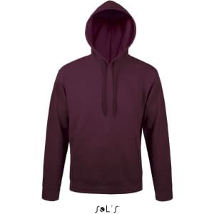 A unisex hoodie in deep burgundy with a fleece lining and a front pocket. It features a hood and has a logo.