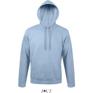 A unisex hoodie in light blue featuring a kangaroo pocket and a hood, made from 50% ringspun cotton and 50% polyester.