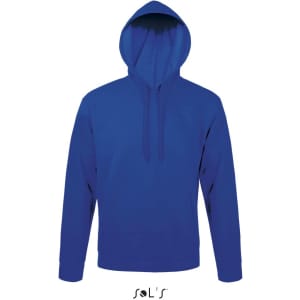 A unisex hoodie in a vibrant blue colour, featuring a fleece lining and a hood. It has a logo at the bottom.