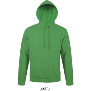 A unisex green hoodie with a fleece lining, featuring a front pocket and a hood. It has a brand logo.