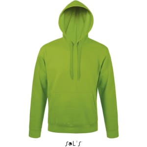 A vibrant green unisex hoodie made from 50% ringspun cotton and 50% polyester with a fleece lining. It has a logo.