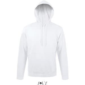 A white unisex hoodie made of 50% ringspun cotton and 50% polyester, featuring a fleece lining and a front pocket.