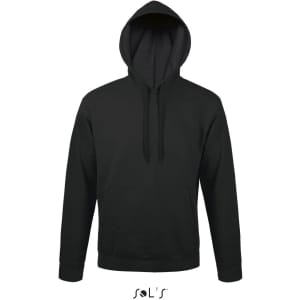 A black unisex hoodie made from 50% ringspun cotton and 50% polyester, featuring a fleece lining and a front pouch pocket.
