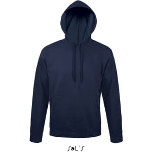 A navy blue unisex hoodie made from 50% ringspun cotton and 50% polyester with fleece lining. It features a logo.
