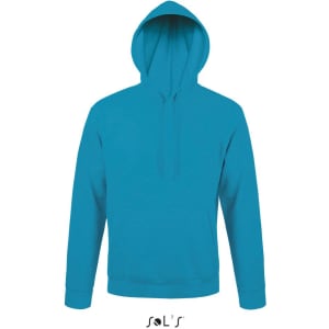 A unisex hoodie in bright turquoise, featuring a hood and fleece lining. It has a logo on the front.