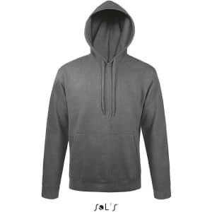 A unisex hoodie in grey featuring a fleece lining, drawstring hood, and a front pocket. It has a logo.