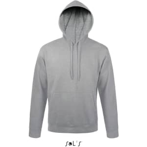 A unisex grey hoodie made from 50% ringspun cotton and 50% polyester, featuring a fleece lining and a front pocket.