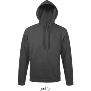A unisex hoodie in dark grey, made from 50% ringspun cotton and 50% polyester, featuring a fleece lining and a logo.