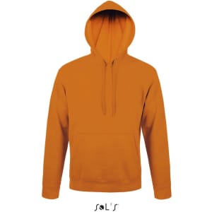 An orange unisex hoodie with a fleece lining and a front pocket. It has a hood and a branding logo at the base.