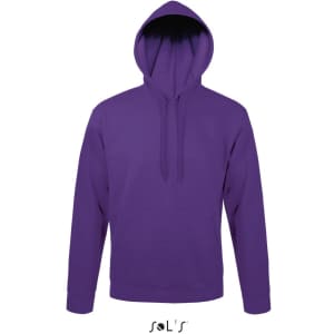 A purple unisex hoodie made from 50% ringspun cotton and 50% polyester, featuring a fleece lining and a logo.