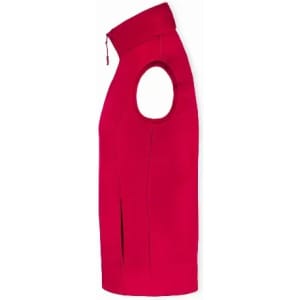 A sleeveless outerwear garment in bright red, featuring a high collar and side zip pockets. It has a simple design with a logo.