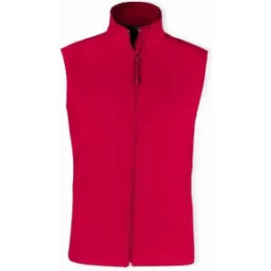 A sleeveless vest in bright red with a full zip closure and a high collar. It features a logo on the front.