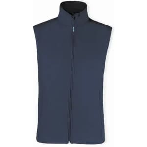 A vest in navy blue with a high collar and a full-length zipper, featuring a logo on the chest area.