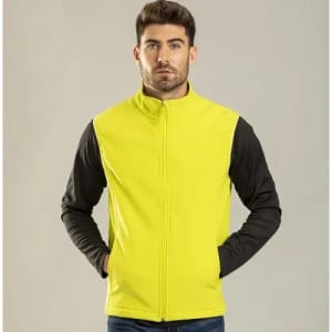 A vest in bright yellow with black sleeves and a front zip, featuring a logo on the chest.