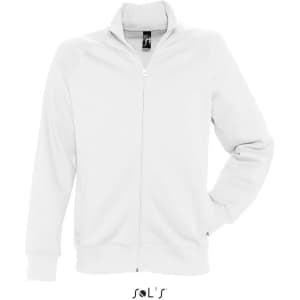 A white zippered jacket made of 50% cotton and 50% polyester, featuring fleece lining and a logo.