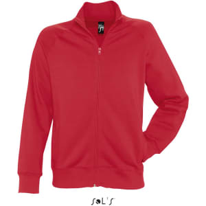 A red zippered jacket made of 50% cotton and 50% polyester with fleece lining. It features a collar and has a logo.