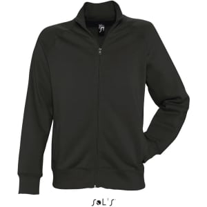 A dark green zippered jacket made of 50% cotton and 50% polyester with fleece lining. Features a branding logo.