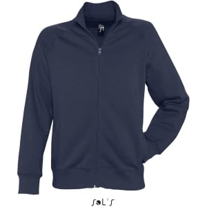 A navy zippered jacket made from 50% cotton and 50% polyester with fleece lining, featuring a logo.