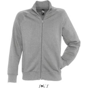 A grey zippered jacket made from 50% cotton and 50% polyester with fleece lining. Features a logo.