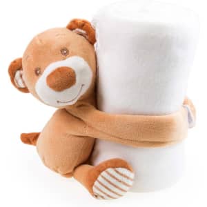 A cuddly teddy bear wrapped around a soft, white blanket, featuring brown accents and a friendly smile.