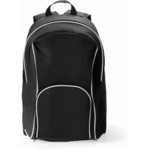 A black backpack with contrasting white piping and a zippered compartment. It features padded shoulder straps.