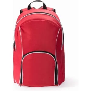 A red backpack with black and white accents, featuring adjustable straps and multiple zippered compartments.