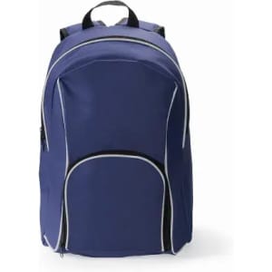 A navy blue backpack with black and white accents, featuring a large main compartment and a front pocket.